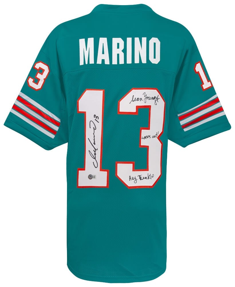Teal Football Jersey Signed by Dan Marino and Sean Young Ray Finkle Laces Out Inscription (1 of 2)