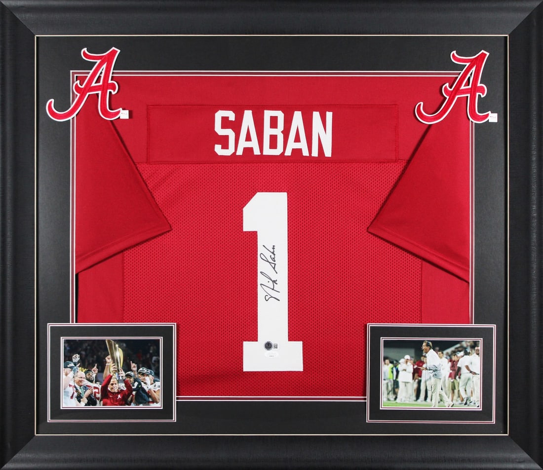 Nick Saban Signed Maroon Framed Jersey Alabama Crimson Tide BAS: Nick Saban Signed Maroon Framed Jersey Alabama Crimson Tide BAS This authentic framed jersey features the signature of Nick Saban, the esteemed coach of the Alabama Crimson Tide football team. The jer