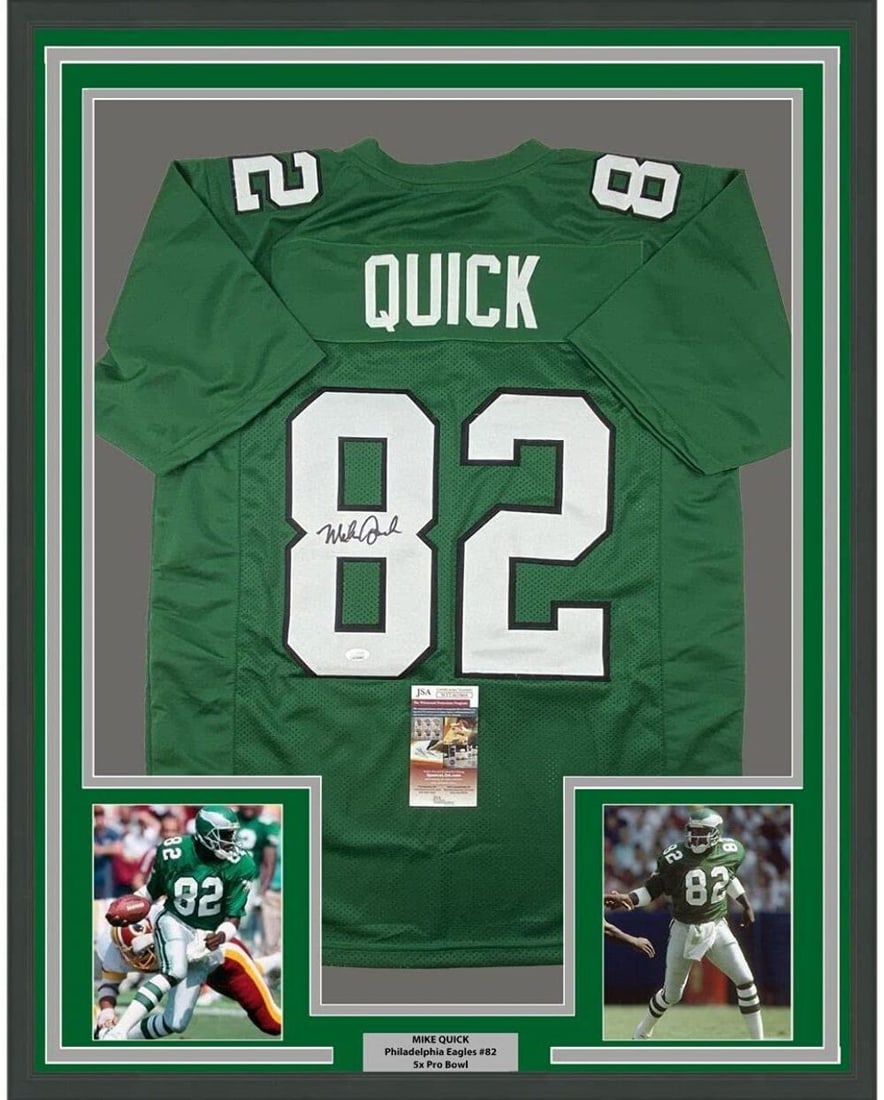 Framed Mike Quick signed Eagles jersey JSA COA 33x42: Framed Mike Quick signed Eagles jersey JSA COA 33x42 This professionally framed and matted Kelly Green football jersey features the autograph of Mike Quick, former NFL player for the Philadelphia Eagl
