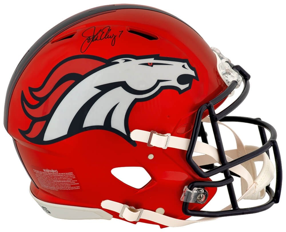 Denver Broncos Flash ProLine Helmet Autographed by John Elway with COA: Denver Broncos Flash ProLine Helmet Autographed by John Elway with COA This is a Denver Broncos Flash Riddell full size ProLine authentic speed helmet signed by John Elway. The helmet is an original c