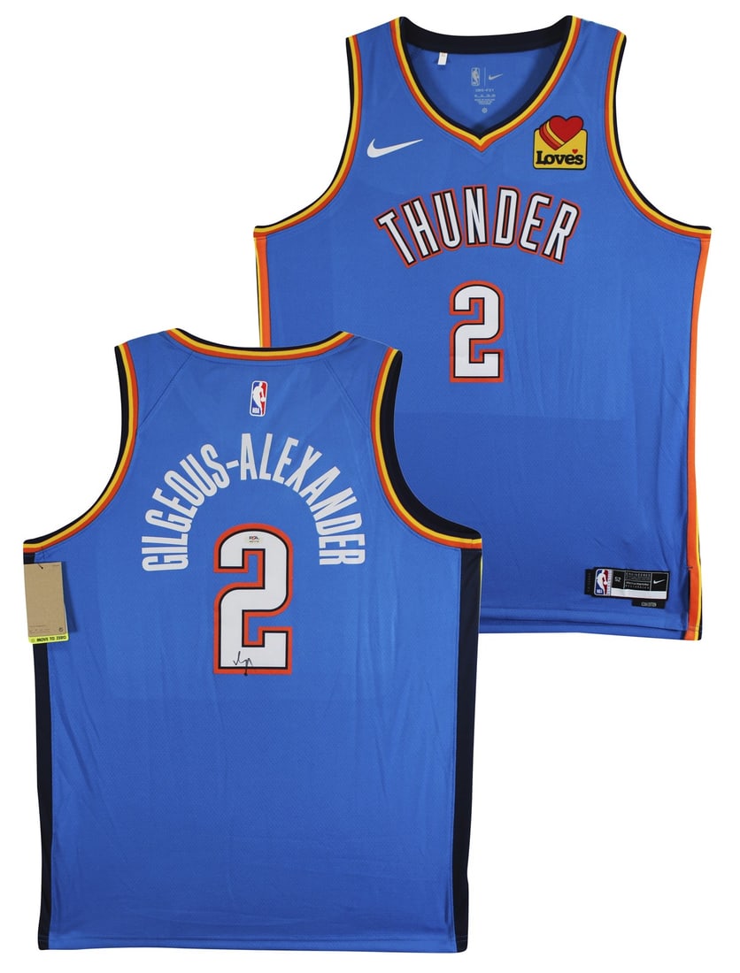 PSA Authenticated Shai Gilgeous-Alexander Blue Nike Icon Jersey Thunder: PSA Authenticated Shai Gilgeous-Alexander Blue Nike Icon Jersey Thunder This is an autographed blue Nike Icon Edition Swingman jersey personally signed by Shai Gilgeous-Alexander of the Oklahoma City 