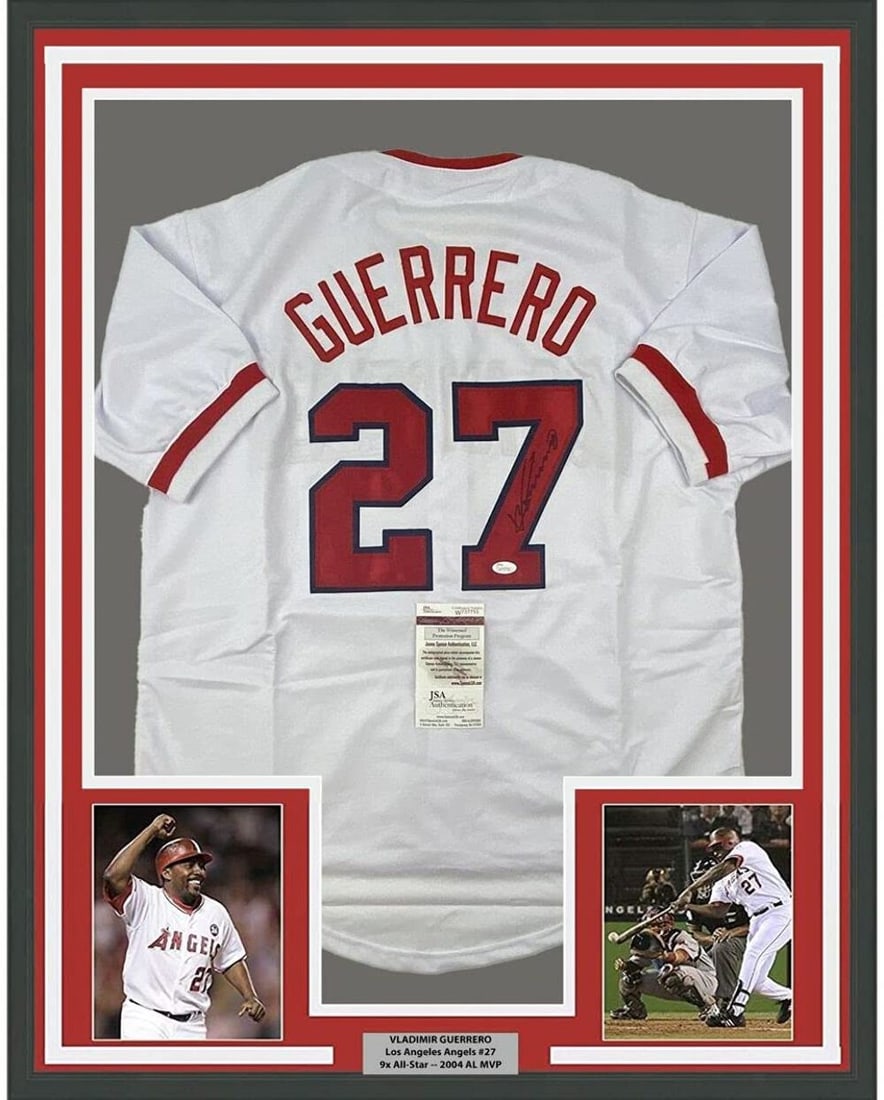 Framed Vladimir Guerrero Autographed Angels Jersey 33x42 JSA COA: Framed Vladimir Guerrero Autographed Angels Jersey 33x42 JSA COA Showcase your passion for baseball with this professionally framed and autographed Vladimir Guerrero jersey. This original Los Angeles 