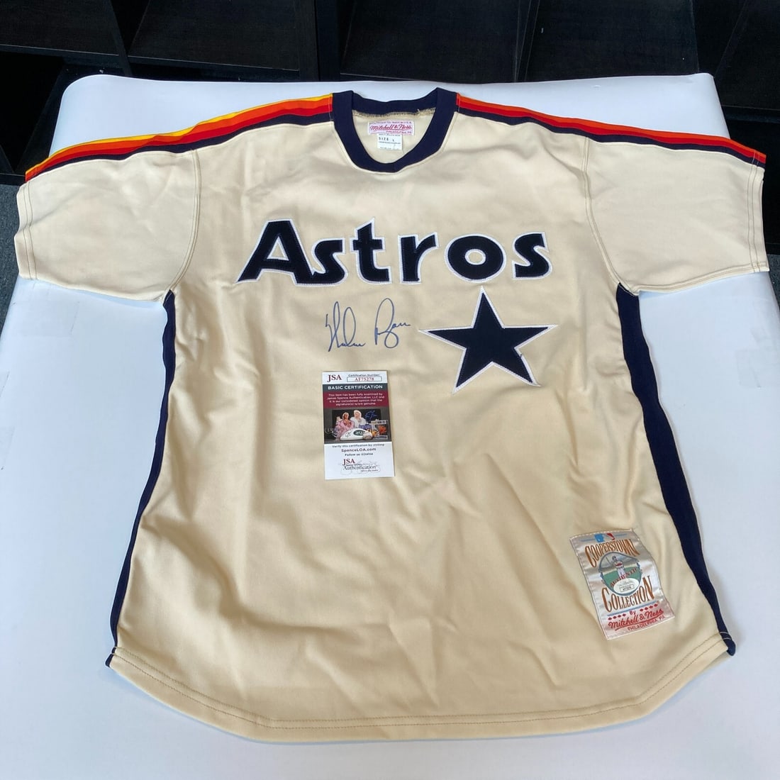 Nolan Ryan Signed Houston Astros Jersey Mitchell & Ness JSA Authenticated: Nolan Ryan Signed Houston Astros Jersey Mitchell & Ness JSA Authenticated Celebrate the legacy of baseball legend Nolan Ryan with this authentic Houston Astros jersey. This Mitchell & Ness jersey feat