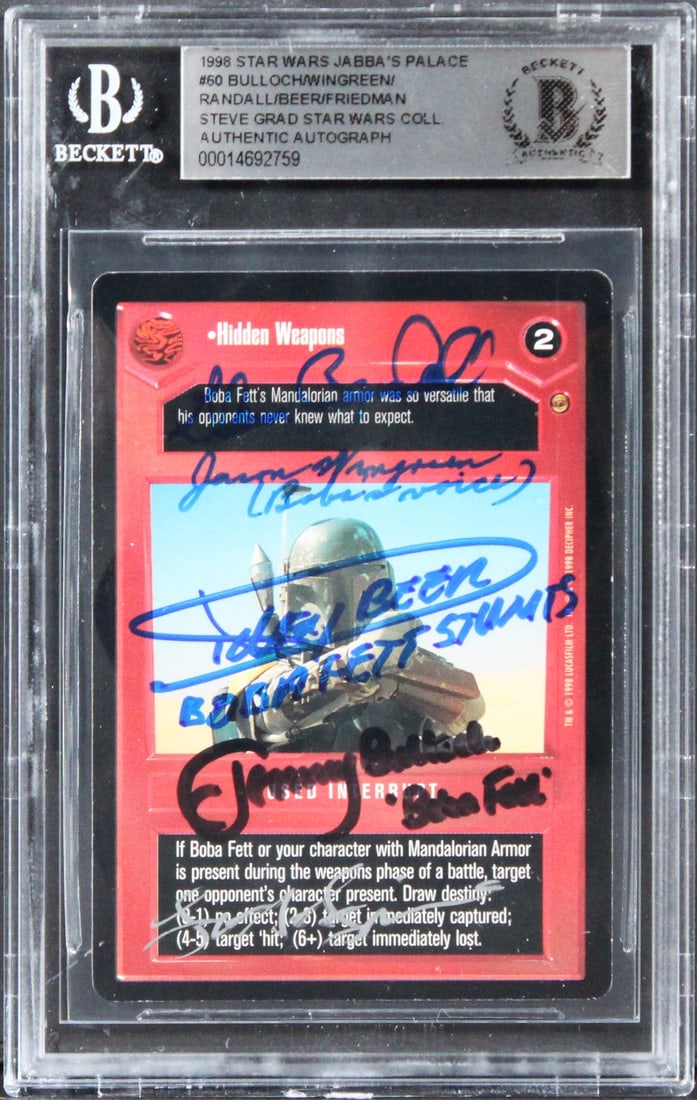 1998 Star Wars Jabba's Palace #60 Signed Card by Bulloch Wingreen Beckett Authenticated: 1998 Star Wars Jabba's Palace #60 Signed Card by Bulloch Wingreen Beckett Authenticated This is a signed 1998 Star Wars Jabba's Palace #60 card featuring the inscription "Boba's Voice, Boba Fett Stunt