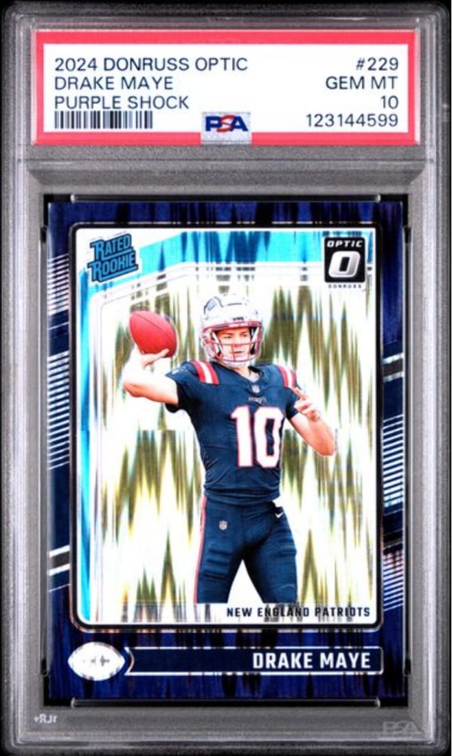 2024 Panini Donruss Optic Drake Maye #229 Purple Shock Rookie Card PSA 10: 2024 Panini Donruss Optic Drake Maye #229 Purple Shock Rookie Card PSA 10 Introducing the 2024 Panini Donruss Optic Drake Maye #229 Purple Shock Rookie Card, graded PSA 10. This highly sought-after ca