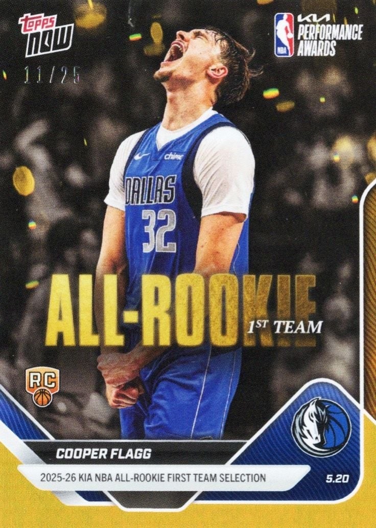 Cooper Flagg AR01 2025 Topps Now Orange Foil /25 RC Card: Cooper Flagg AR01 2025 Topps Now Orange Foil /25 RC Card 2025 Topps Now Cooper Flagg #AR01 Orange Foil rookie basketball card featuring the Dallas Mavericks player. This sports trading card is part of