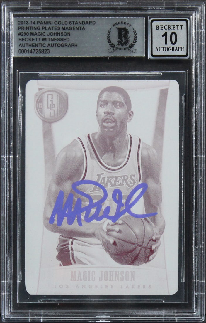2013 Panini Gold Standard Magenta Printing Plate Magic Johnson Auto Beckett 10: 2013 Panini Gold Standard Magenta Printing Plate Magic Johnson Auto Beckett 10 This 2013 Panini Gold Standard Printing Plates Magenta #290 card features an authentic autograph from Magic Johnson of th