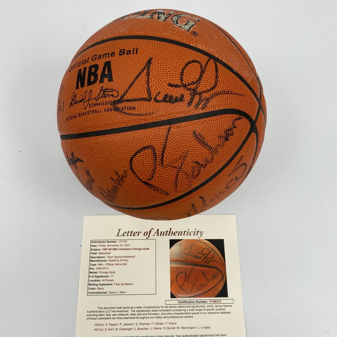 Chicago Bulls 1997-98 Championship Team Signed Basketball JSA COA: Chicago Bulls 1997-98 Championship Team Signed Basketball JSA COA This official game-issued basketball is signed by the 1997-98 Chicago Bulls NBA Championship team from the iconic "The Last Dance" sea