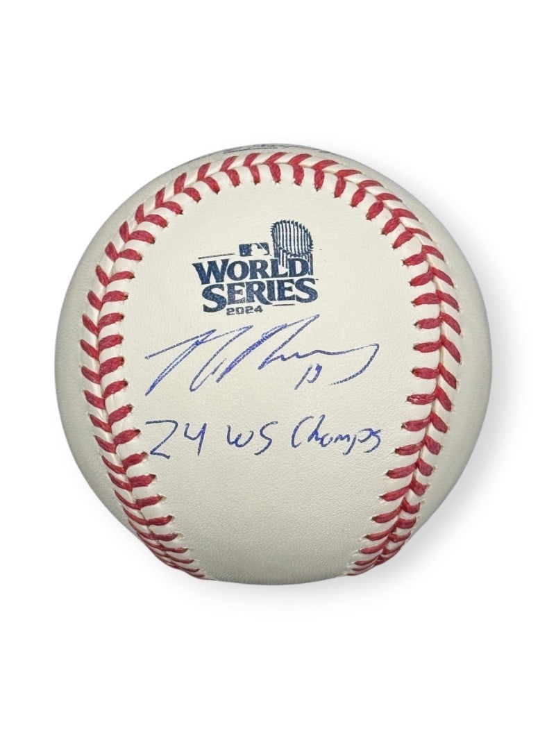 2025 World Series Baseball Signed by Max Muncy with 24 WS Champs Inscription: 2025 World Series Baseball Signed by Max Muncy with 24 WS Champs Inscription This is a Max Muncy autographed 2025 World Series baseball featuring the inscription "24 WS Champs." The ball is signed by 