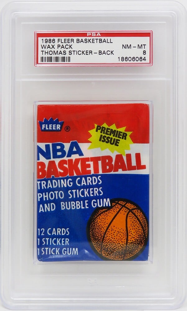 PSA 8 Graded 1986 Fleer Basketball Wax Pack Isiah Thomas Sticker Back: PSA 8 Graded 1986 Fleer Basketball Wax Pack Isiah Thomas Sticker Back Original unopened 1986 Fleer Basketball wax pack encapsulated and graded PSA 8. This listing is for the exact pack shown, featurin