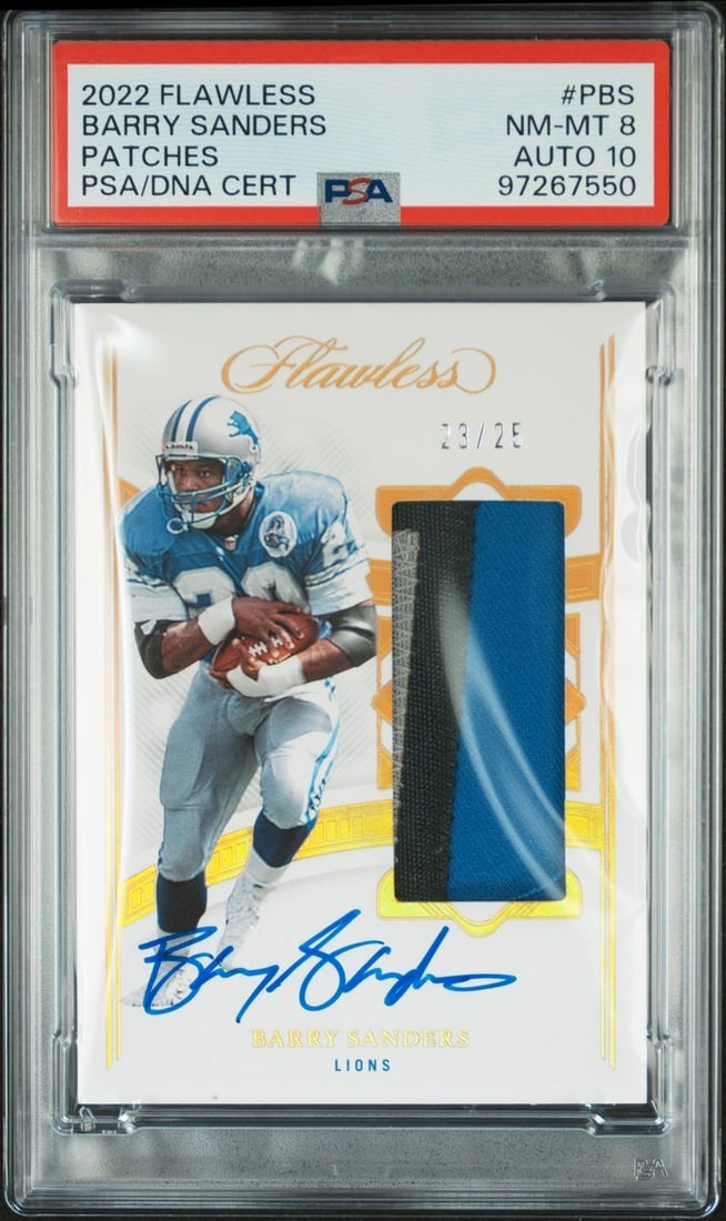 2022 Panini Flawless Barry Sanders Signed Patch Card AUTO 10 PSA 8: 2022 Panini Flawless Barry Sanders Signed Patch Card AUTO 10 PSA 8 This is a 2022 Flawless Patches Barry Sanders signed sports trading card, featuring a hard-signed autograph. The card is from the Nat