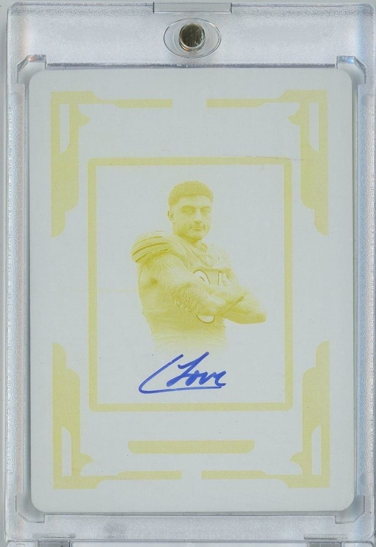 Colston Loveland 2025 National Treasures 1 1 Auto Printing Plate RC: Colston Loveland 2025 National Treasures 1 1 Auto Printing Plate RC 2025 Panini National Treasures Colston Loveland rookie sports trading card featuring a black printing plate parallel and autograph. 