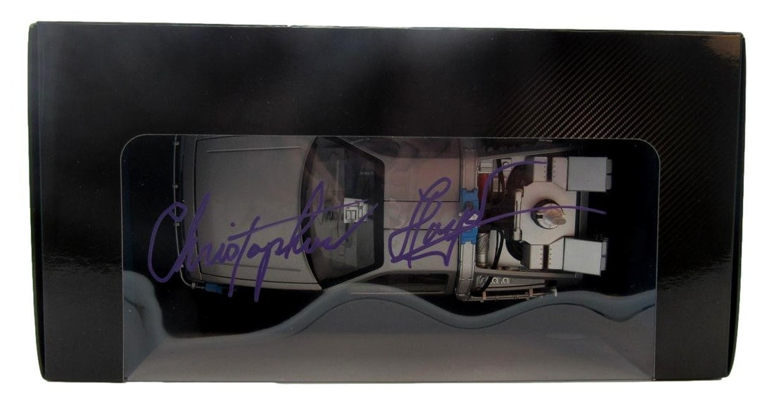 Back to the Future DeLorean Diecast Signed by Christopher Lloyd JSA Authenticated: Back to the Future DeLorean Diecast Signed by Christopher Lloyd JSA Authenticated This is a 1:18 scale diecast metal Hot Wheels DeLorean model car from Back to the Future, signed by Christopher Lloyd.