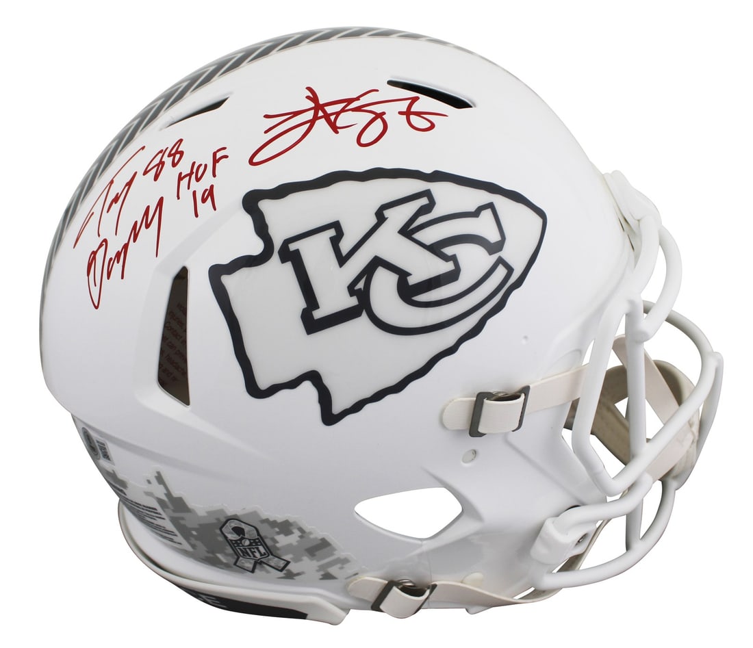 Kansas City Chiefs Helmet Signed by Gonzalez and Kelce BAS: Kansas City Chiefs Helmet Signed by Gonzalez and Kelce BAS This Kansas City Chiefs full-size Riddell Speed Proline helmet is an authentic Salute To Service III alternate edition for 2024. It has been 