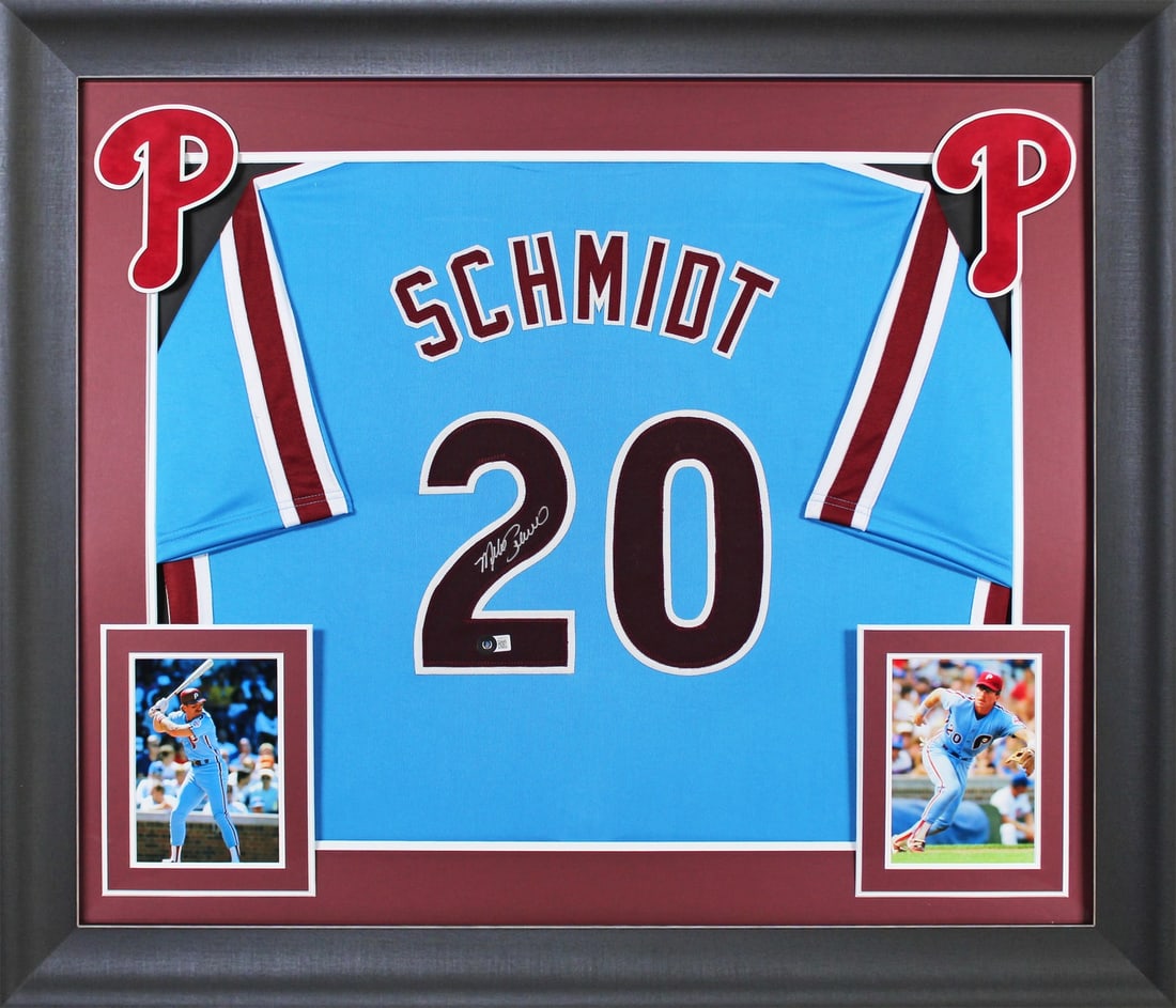 Framed Light Blue Mike Schmidt Phillies Jersey BAS Authenticated: Framed Light Blue Mike Schmidt Phillies Jersey BAS Authenticated This light blue pro style framed jersey has been personally signed by Mike Schmidt of the Philadelphia Phillies. The jersey is custom-s