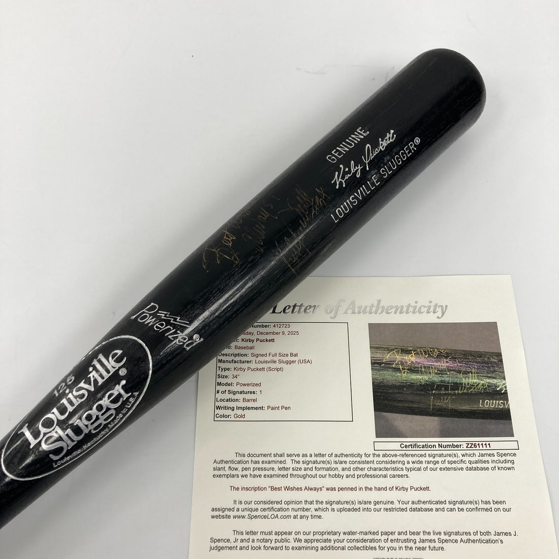 Autographed Louisville Slugger Bat by Kirby Puckett JSA Authenticated: Autographed Louisville Slugger Bat by Kirby Puckett JSA Authenticated This is a pre-owned Louisville Slugger game model baseball bat signed by Kirby Puckett. The bat is an original item and features a