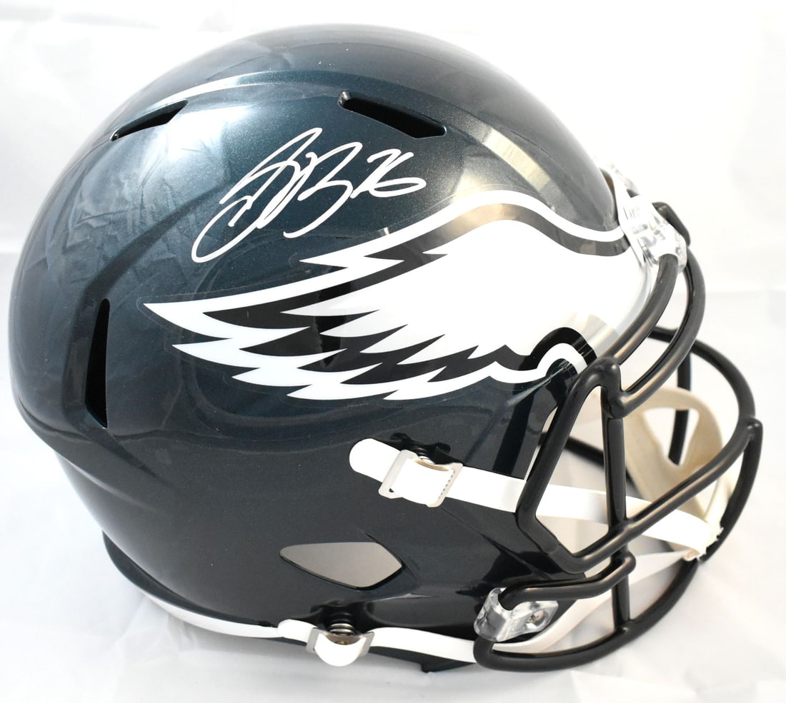 Philadelphia Eagles Saquon Barkley signed full size Speed helmet Beckett holo: Philadelphia Eagles Saquon Barkley signed full size Speed helmet Beckett holo This Philadelphia Eagles full-size Speed helmet features the autograph of Saquon Barkley. The helmet is an original item a