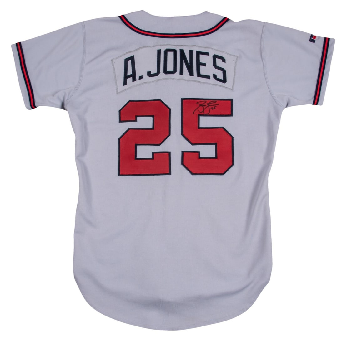 Andruw Jones Signed 1996 Braves Game Issued Jersey JSA Beckett: Andruw Jones Signed 1996 Braves Game Issued Jersey JSA Beckett This is a game-issued gray Atlanta Braves road jersey, originally worn by Andruw Jones during his rookie era from 1996 to 1998. The jerse