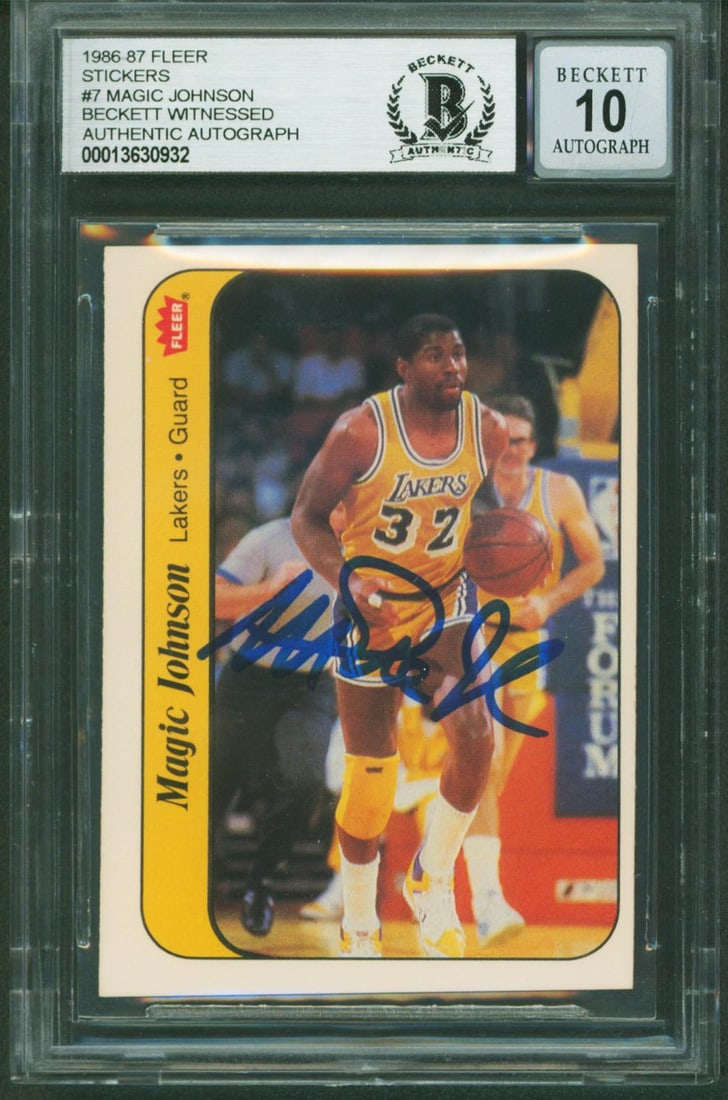 Magic Johnson Signed 1986 Fleer Stickers #7 Card Gem Mint 10 Beckett Slabbed: Magic Johnson Signed 1986 Fleer Stickers #7 Card Gem Mint 10 Beckett Slabbed This is a 1986 Fleer Stickers #7 card featuring Magic Johnson, a legendary player for the Los Angeles Lakers. The card has 