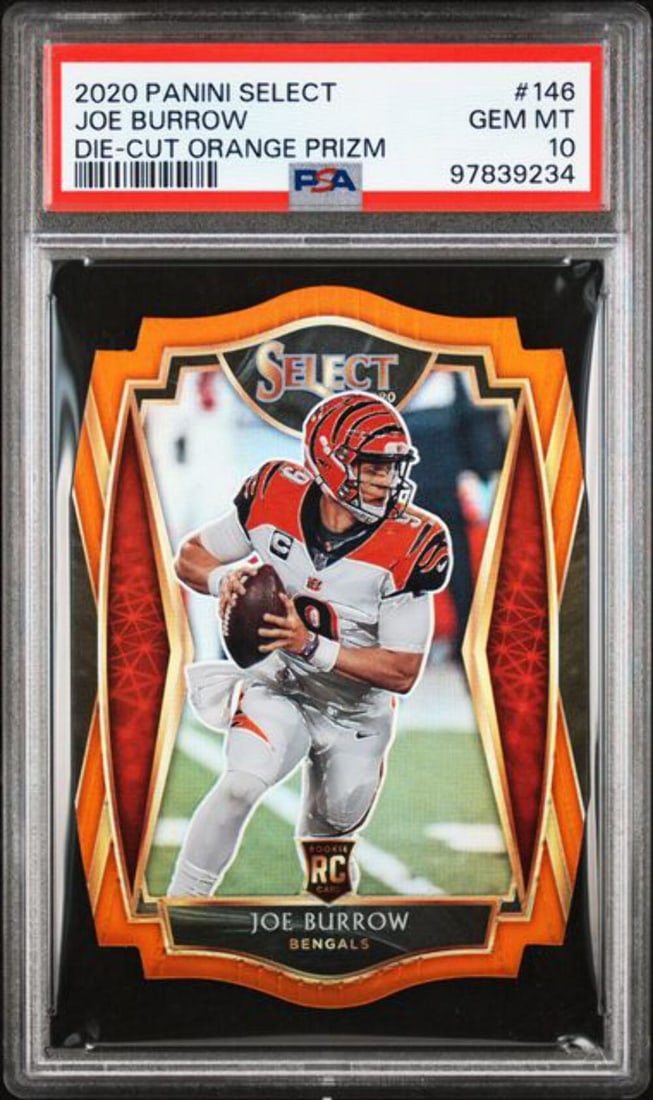 2020 Panini Select Joe Burrow Die-Cut Orange Prizm RC PSA 10 Card: 2020 Panini Select Joe Burrow Die-Cut Orange Prizm RC PSA 10 Card This 2020 Panini Select Joe Burrow #146 Die-Cut Orange Prizm rookie card is encapsulated and graded by Professional Sports Authenticat