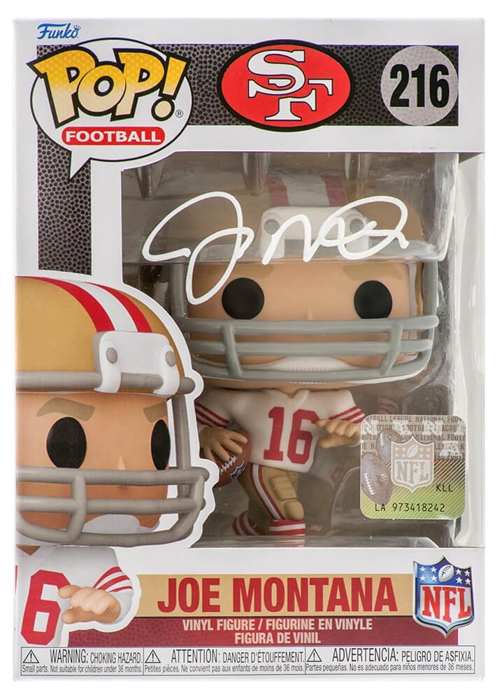 Joe Montana Signed Funko Pop Doll 216 San Francisco 49ers with Fanatics COA: Joe Montana Signed Funko Pop Doll 216 San Francisco 49ers with Fanatics COA Celebrate the legacy of legendary quarterback Joe Montana with this signed San Francisco 49ers NFL Funko Pop Doll #216. This