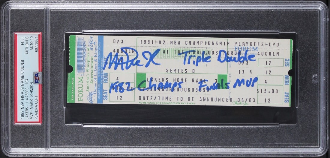 Magic Johnson autographed 1982 NBA Finals Game 6 ticket stub PSA Gem Mint 10 (1 of 2)