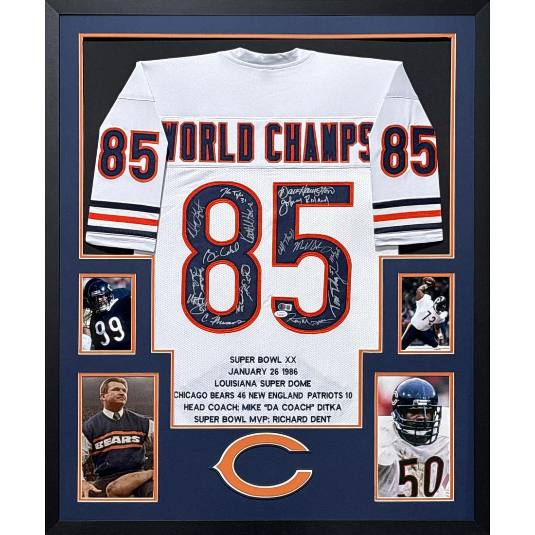 Framed Chicago Bears 1985 Jersey Multi-Signed with JSA Beckett Authentication: Framed Chicago Bears 1985 Jersey Multi-Signed with JSA Beckett Authentication This is a framed and autographed 1985 Chicago Bears jersey, hand-signed by William Perry, Dan Hampton (HOF), Mike Singleta