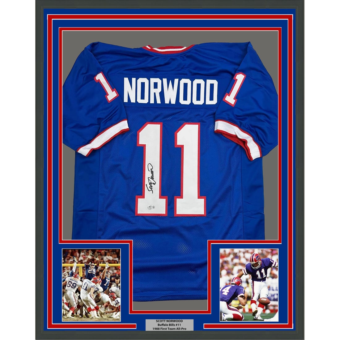 Scott Norwood signed Buffalo Bills framed blue jersey Beckett COA 35x39 (1 of 2)