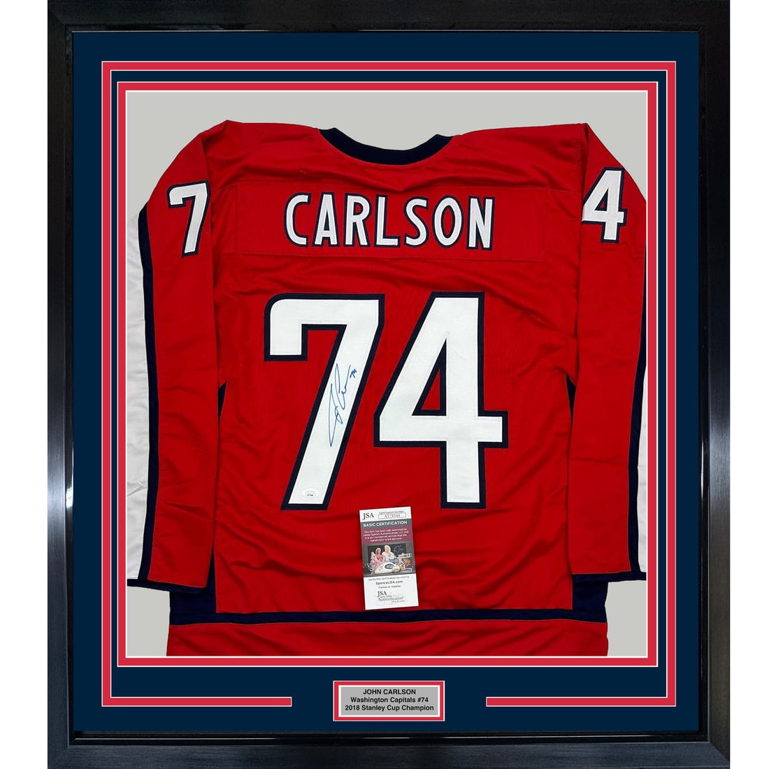 Framed Autographed John Carlson Washington Capitals Jersey JSA COA 35x39: Framed Autographed John Carlson Washington Capitals Jersey JSA COA 35x39 This professionally framed and matted autographed John Carlson jersey is a must-have for any Washington Capitals fan. The jerse
