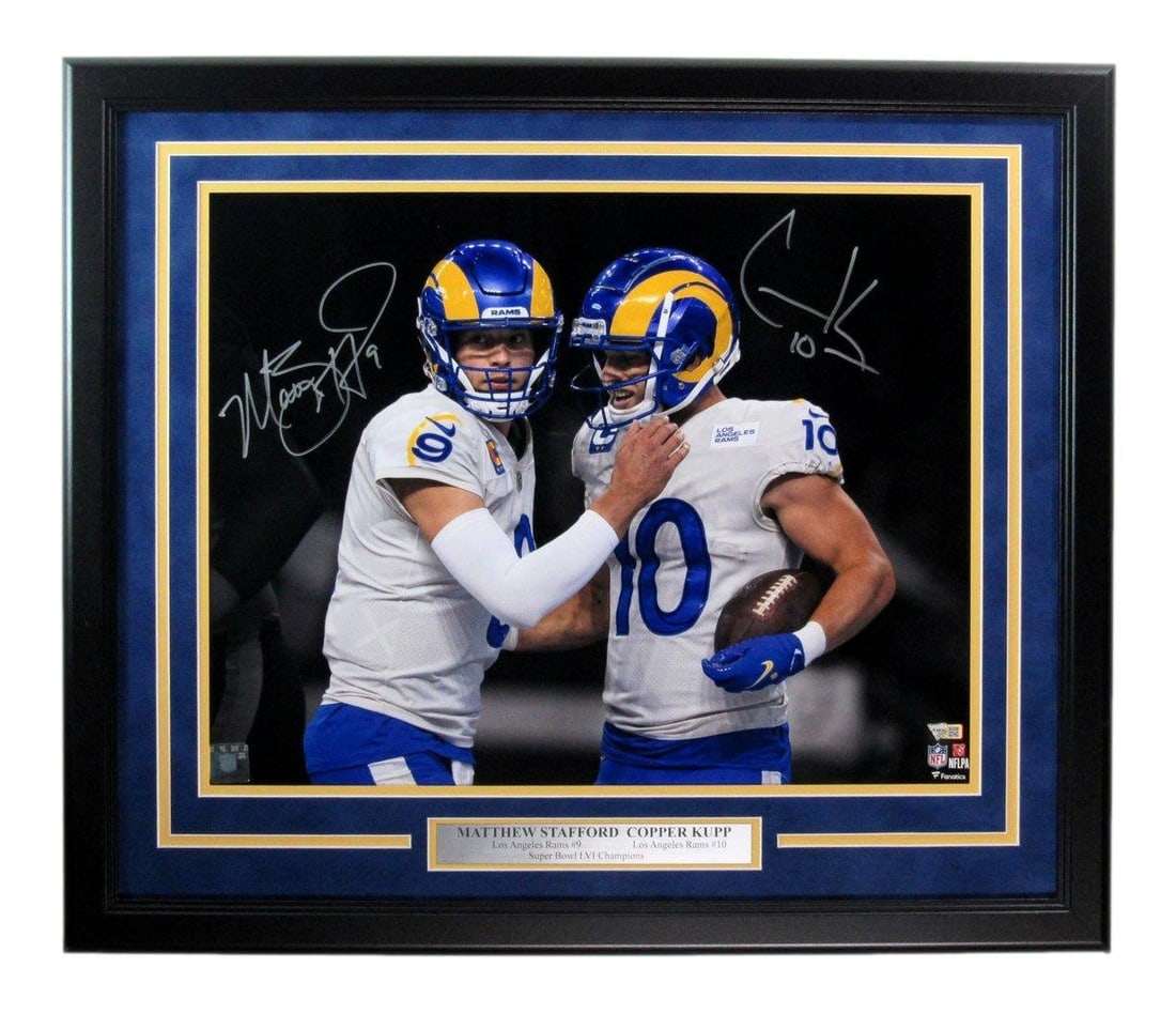 Framed 16x20 Photo Dual Signed by Stafford and Kupp Los Angeles Rams Fanatics Authenticated: Framed 16x20 Photo Dual Signed by Stafford and Kupp Los Angeles Rams Fanatics Authenticated This framed 16x20 photo features dual signatures from Matthew Stafford and Cooper Kupp of the Los Angeles Ra