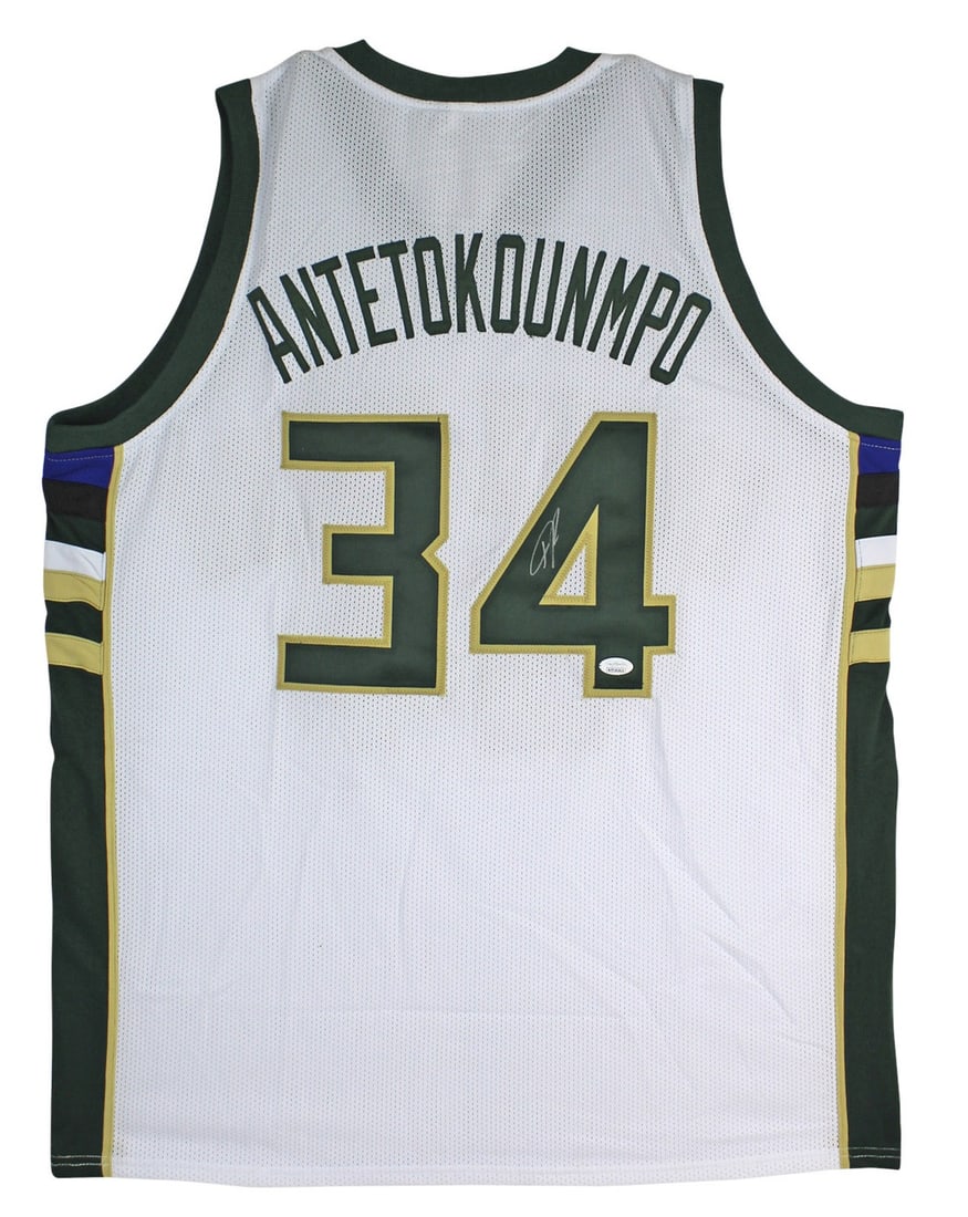 Giannis Antetokounmpo Signed Milwaukee Bucks White Jersey JSA COA: Giannis Antetokounmpo Signed Milwaukee Bucks White Jersey JSA COA Celebrate your passion for basketball with this authentic autographed white jersey, personally signed by Giannis Antetokounmpo of the 