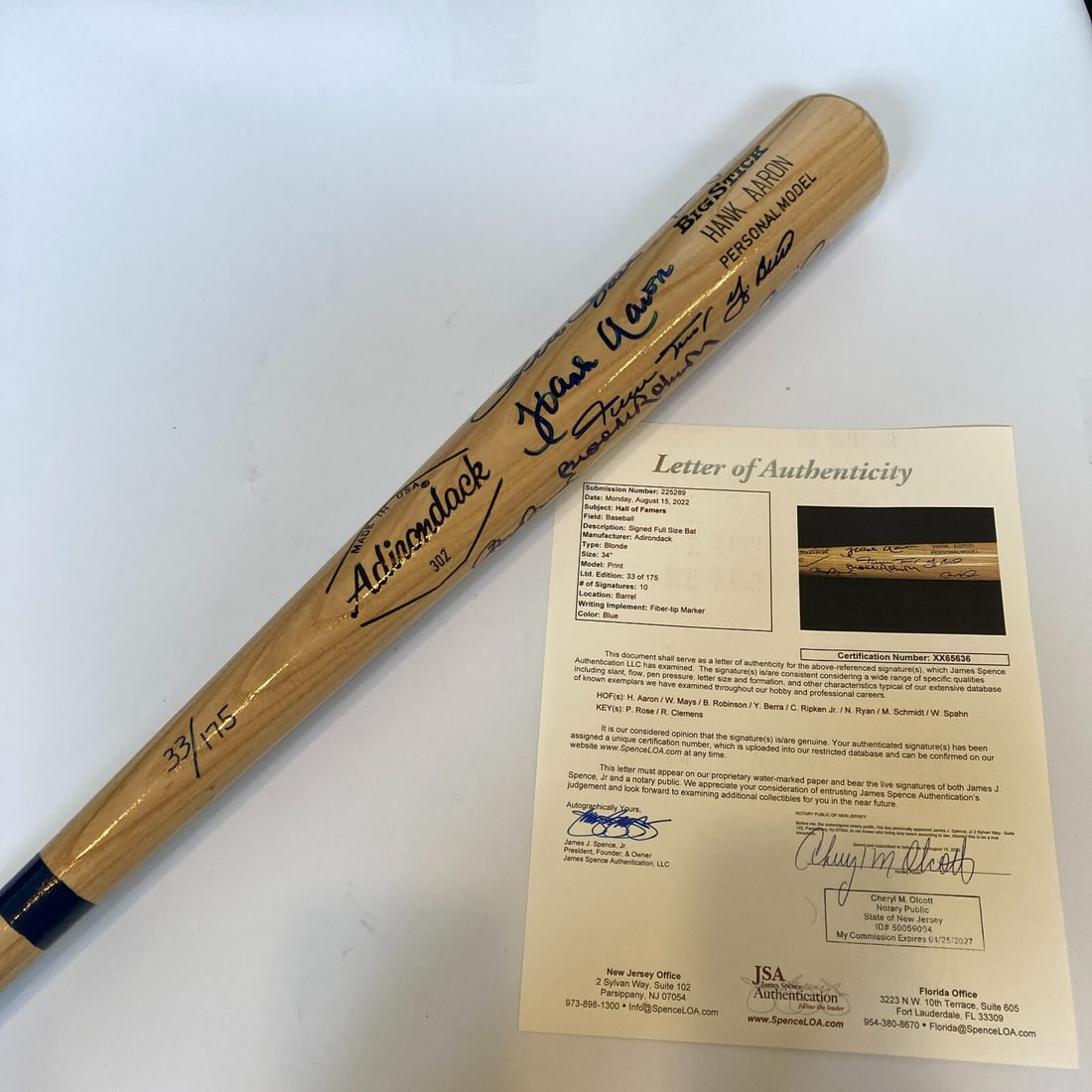 Limited Edition 33 of 175 All Century Team Signed Bat 10 Sigs JSA COA: Limited Edition 33 of 175 All Century Team Signed Bat 10 Sigs JSA COA This limited-edition Hank Aaron Adirondack model bat is a remarkable collectible signed by ten legendary members of the All Centur