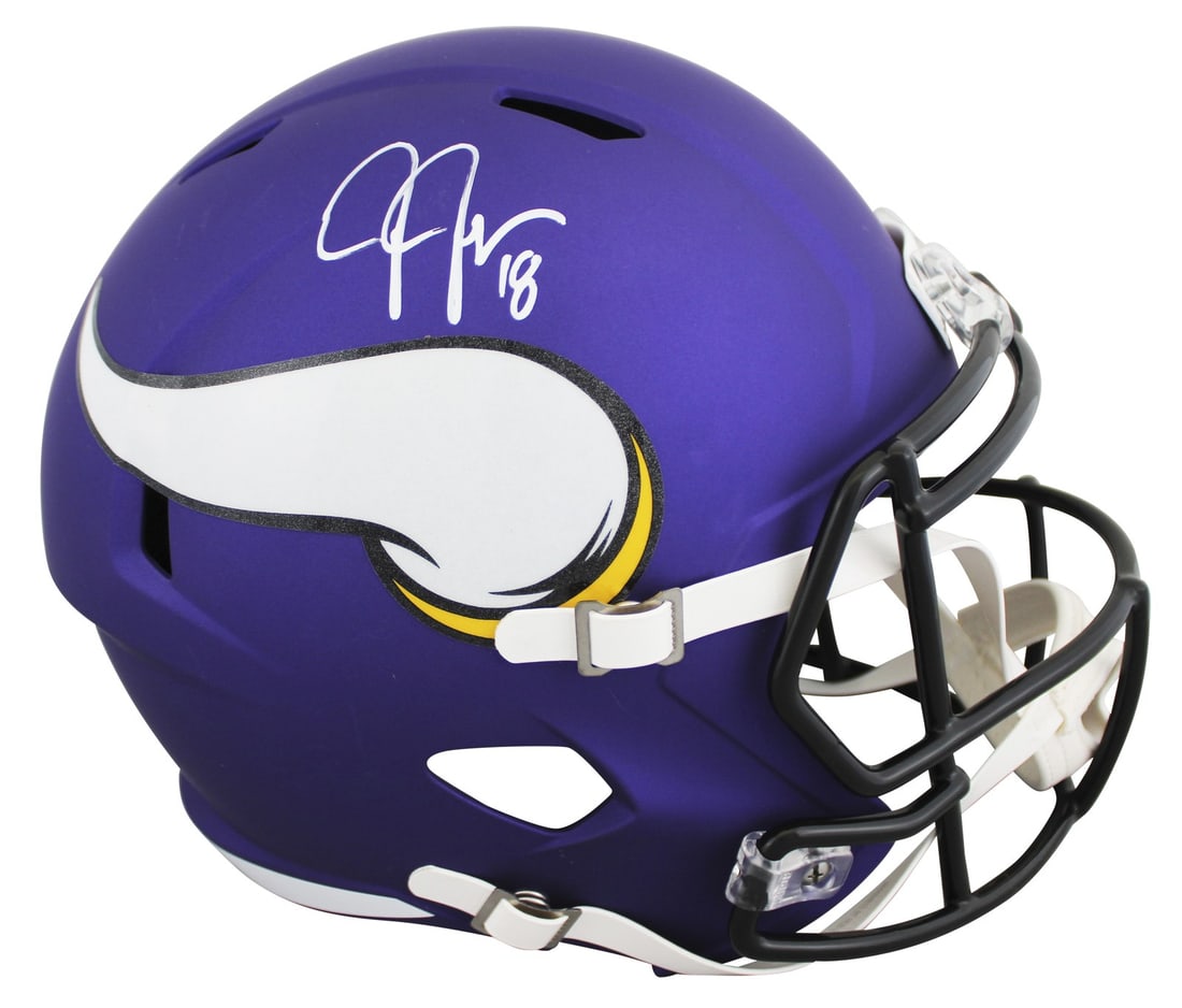 Justin Jefferson signed Vikings full size Speed replica helmet Beckett witnessed: Justin Jefferson signed Vikings full size Speed replica helmet Beckett witnessed Autographed full size speed replica helmet personally signed by Justin Jefferson of the Minnesota Vikings. The item is 