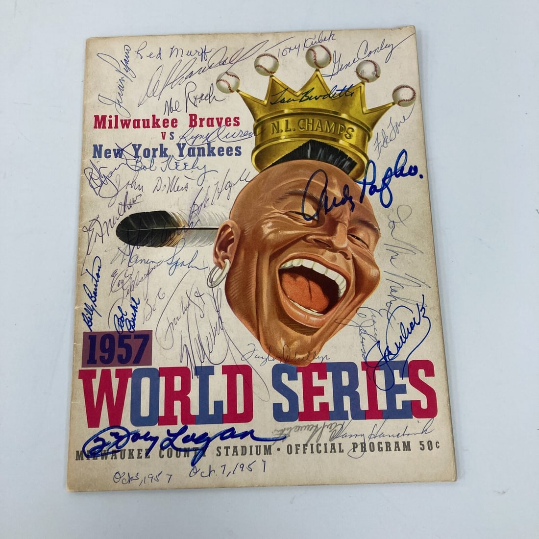 1957 Milwaukee Braves Team Signed World Series Program JSA Authenticated: 1957 Milwaukee Braves Team Signed World Series Program JSA Authenticated Celebrate the triumph of the 1957 Milwaukee Braves with this team-signed World Series program. This authentic piece features th