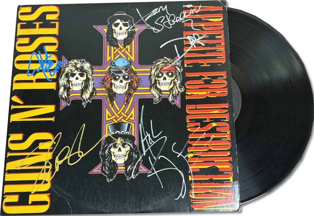 Guns N Roses Appetite for Destruction Signed Album Cover Axl Rose Slash Duff McKagan: Guns N Roses Appetite for Destruction Signed Album Cover Axl Rose Slash Duff McKagan This is an original autographed album cover of 'Appetite for Destruction' by the legendary rock band Guns N' Roses.