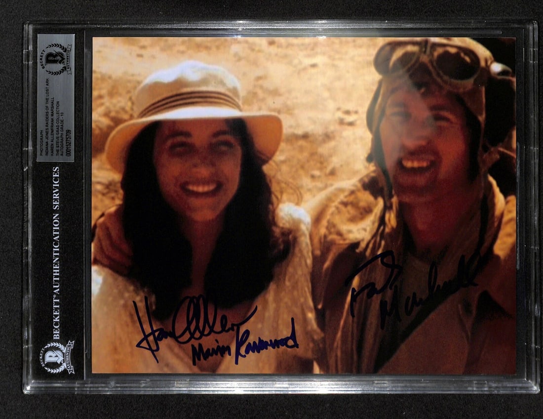 Karen Allen Frank Marshall Raiders Autographed 8x10 Photo Beckett 10: Karen Allen Frank Marshall Raiders Autographed 8x10 Photo Beckett 10 This captivating 8x10 color photograph features the iconic characters from Raiders of the Lost Ark, signed in blue permanent marker