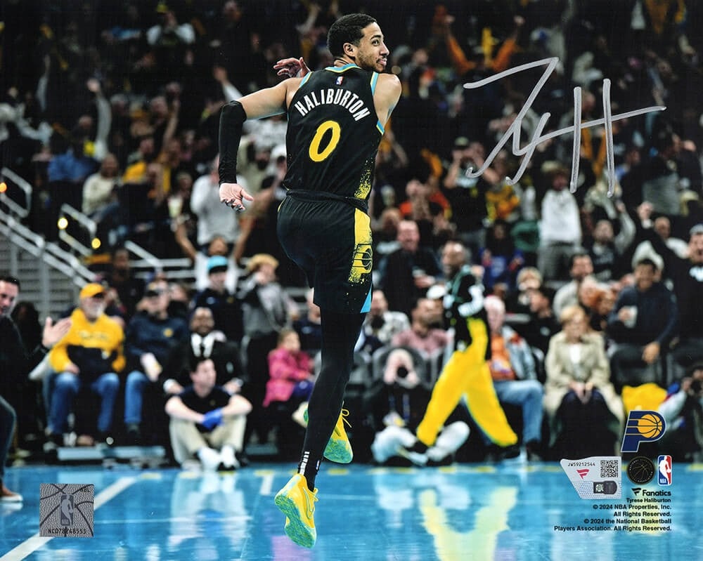Tyrese Haliburton Signed 8x10 Photo Indiana Pacers Celebration Fanatics COA: Tyrese Haliburton Signed 8x10 Photo Indiana Pacers Celebration Fanatics COA Celebrate the excitement of basketball with this signed 8x10 photo of Tyrese Haliburton, featuring him in a moment of triump