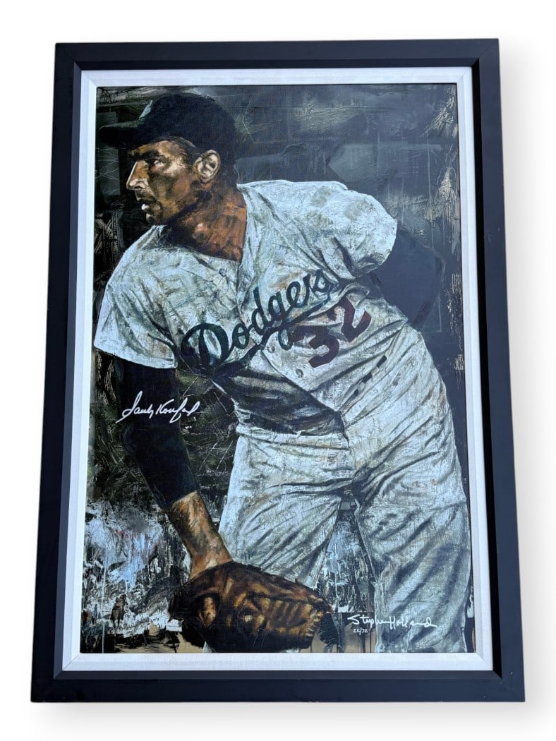 Framed Stephen Holland canvas with Sandy Koufax autograph 22 of 72 Dodgers: Framed Stephen Holland canvas with Sandy Koufax autograph 22 of 72 Dodgers This is a framed, limited edition canvas featuring a portrait of Sandy Koufax, painted and signed by Stephen Holland. The can