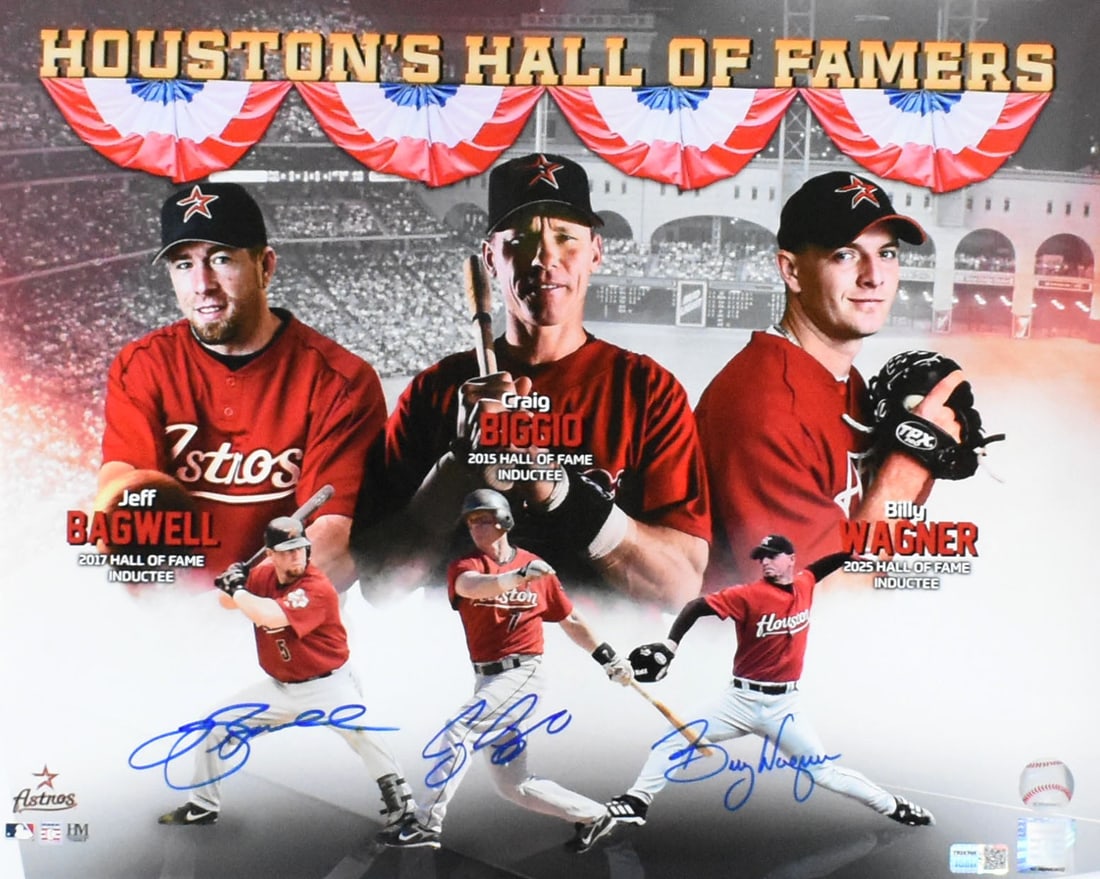 Astros 16x20 Photo Signed by Bagwell Biggio Wagner with Tristar Authentication: Astros 16x20 Photo Signed by Bagwell Biggio Wagner with Tristar Authentication This 16x20 photo features autographs from Jeff Bagwell, Craig Biggio, and Billy Wagner of the Houston Astros. The item is