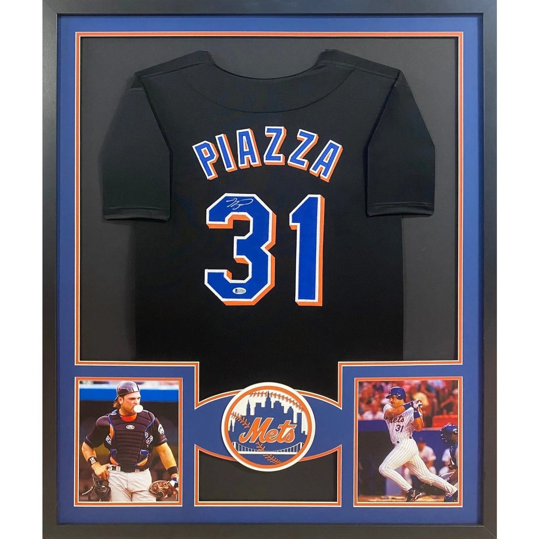 Framed New York Mets Mike Piazza Signed Jersey With Beckett Authentication: Framed New York Mets Mike Piazza Signed Jersey With Beckett Authentication This framed black New York Mets jersey is autographed by Mike Piazza and authenticated by Beckett. The display features detai