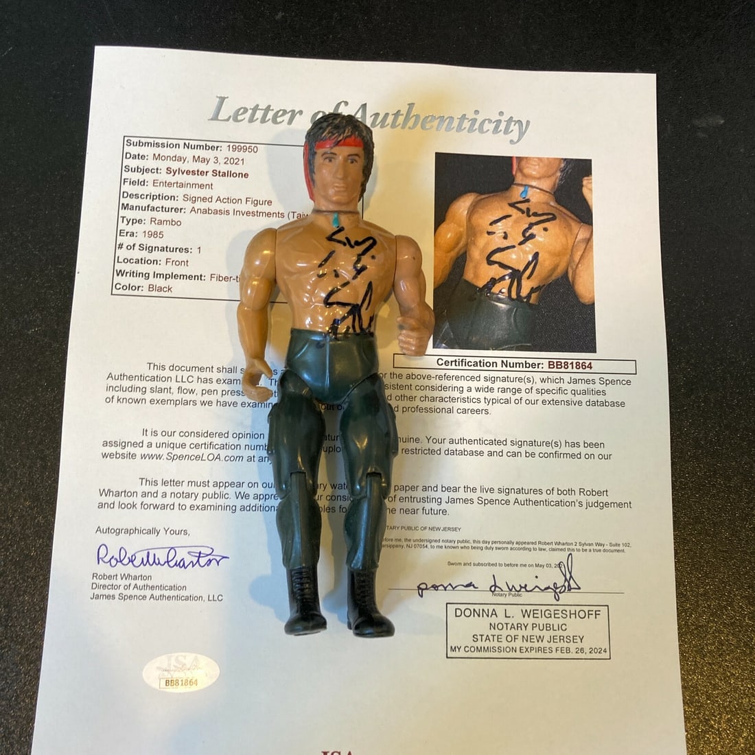 1985 Rambo Anabasis action figure signed by Sylvester Stallone JSA COA (1 of 8)