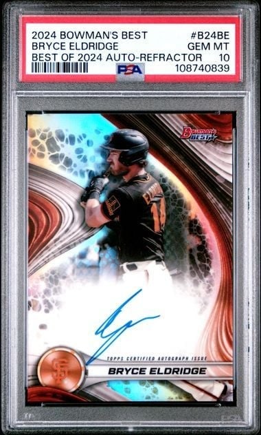 PSA 10 Bryce Eldridge 2024 Bowman's Best Refractor Auto RC B24BE: PSA 10 Bryce Eldridge 2024 Bowman's Best Refractor Auto RC B24BE Graded 2024 Topps Bowman's Best Bryce Eldridge refractor autograph rookie card, card number B24BE. This sports trading card is encapsul