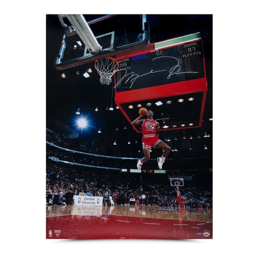 Michael Jordan Autographed 30X40 Jumbo Photo Upper Deck Certified: Michael Jordan Autographed 30X40 Jumbo Photo Upper Deck Certified Celebrate the legacy of basketball legend Michael Jordan with this impressive 30X40 jumbo photo capturing his iconic slam dunk during 