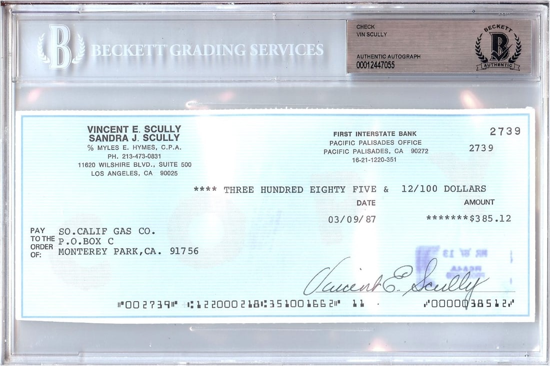 1987 Vin Scully autographed personal check Beckett authenticated Dodgers (1 of 1)