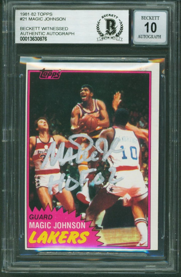 Beckett slabbed 1981 Topps 21 Magic Johnson autograph HOF 02 Auto 10: Beckett slabbed 1981 Topps 21 Magic Johnson autograph HOF 02 Auto 10 Autographed 1981 Topps #21 basketball card signed by Magic Johnson with the inscription "HOF 02." The card is from the Los Angeles 