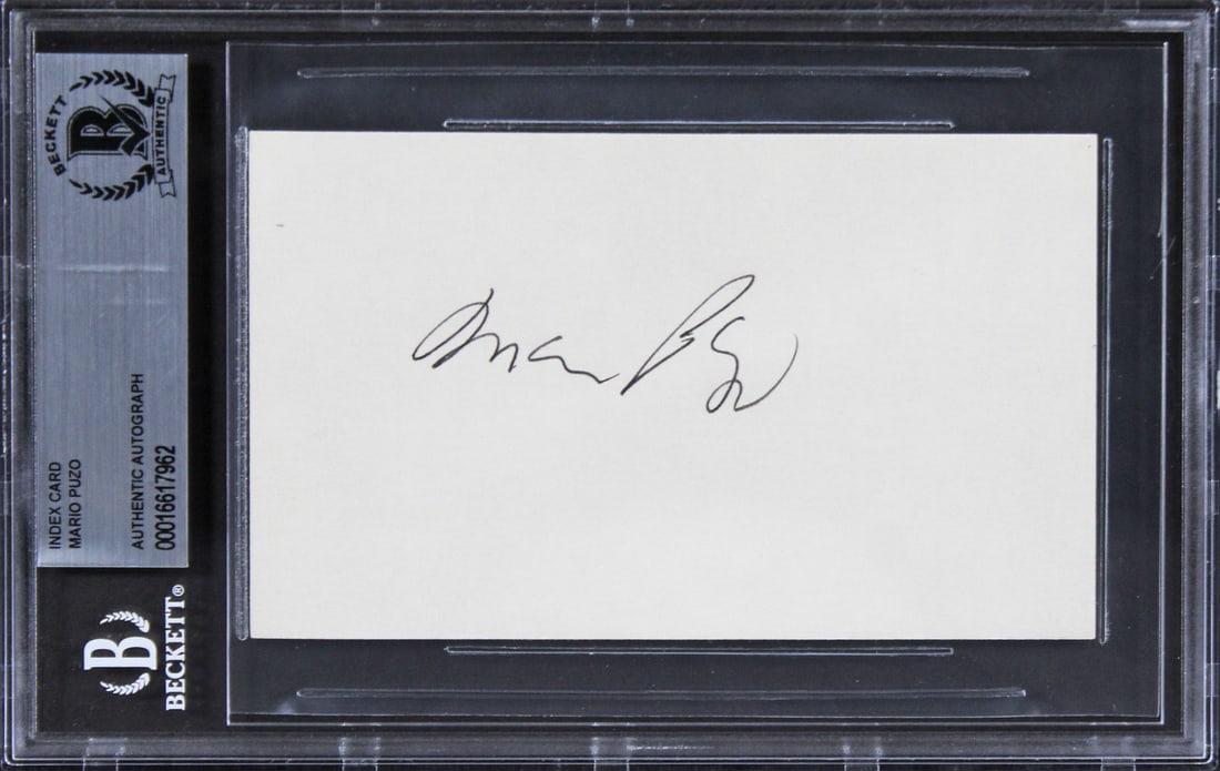 Mario Puzo Signed 3x5 Index Card Beckett Authenticated Slabbed Godfather: Mario Puzo Signed 3x5 Index Card Beckett Authenticated Slabbed Godfather This 3x5 index card has been personally signed by Mario Puzo, the acclaimed author of The Godfather. The autograph is authentic