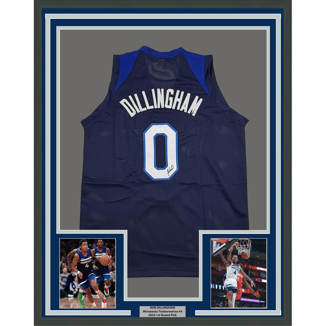 Framed Rob Dillingham signed blue Minnesota Timberwolves jersey JSA COA: Framed Rob Dillingham signed blue Minnesota Timberwolves jersey JSA COA This professionally framed and matted Minnesota Timberwolves basketball jersey is autographed by Rob Dillingham. The display inc