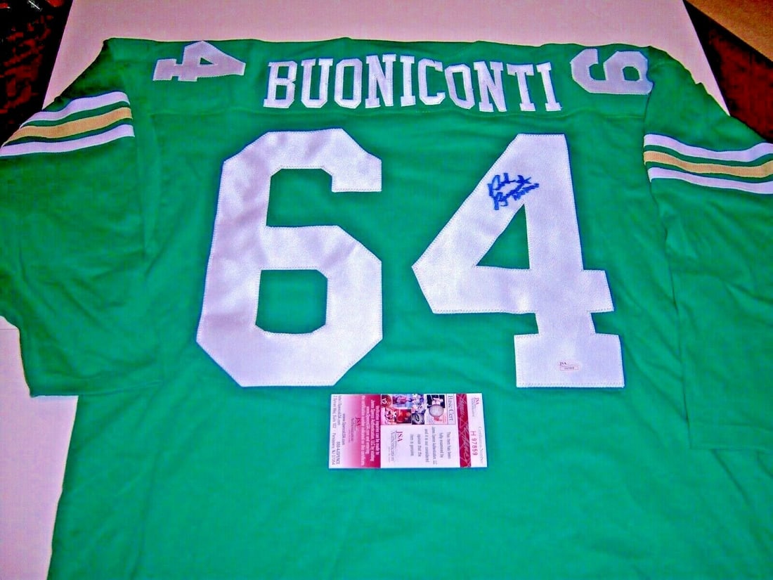 Nick Buoniconti Signed Notre Dame Jersey with JSA COA: Nick Buoniconti Signed Notre Dame Jersey with JSA COA This is a pre-owned jersey representing Nick Buoniconti, featuring the Notre Dame Fighting Irish and the New England Patriots. The jersey is an or