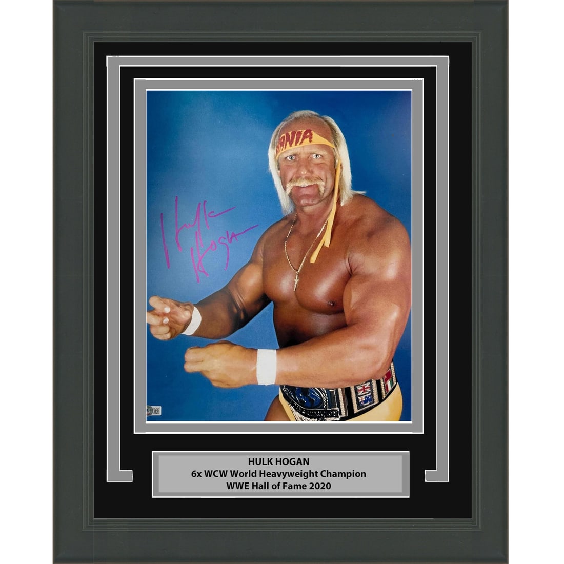 Hulk Hogan Signed 16x20 WWE Photo Framed with Beckett Authentication: Hulk Hogan Signed 16x20 WWE Photo Framed with Beckett Authentication This professionally framed and matted 16x20 photo features an authentic autograph from Hulk Hogan, the legendary WWE/WWF athlete. T