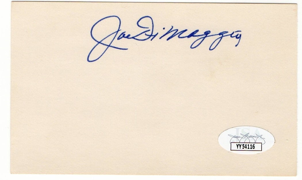 Joe DiMaggio Autographed Index Card JSA Certified Yankees Legend: Joe DiMaggio Autographed Index Card JSA Certified Yankees Legend This Joe DiMaggio signed index card is a must-have for any baseball enthusiast and collector. Authenticated by James Spence (JSA), this